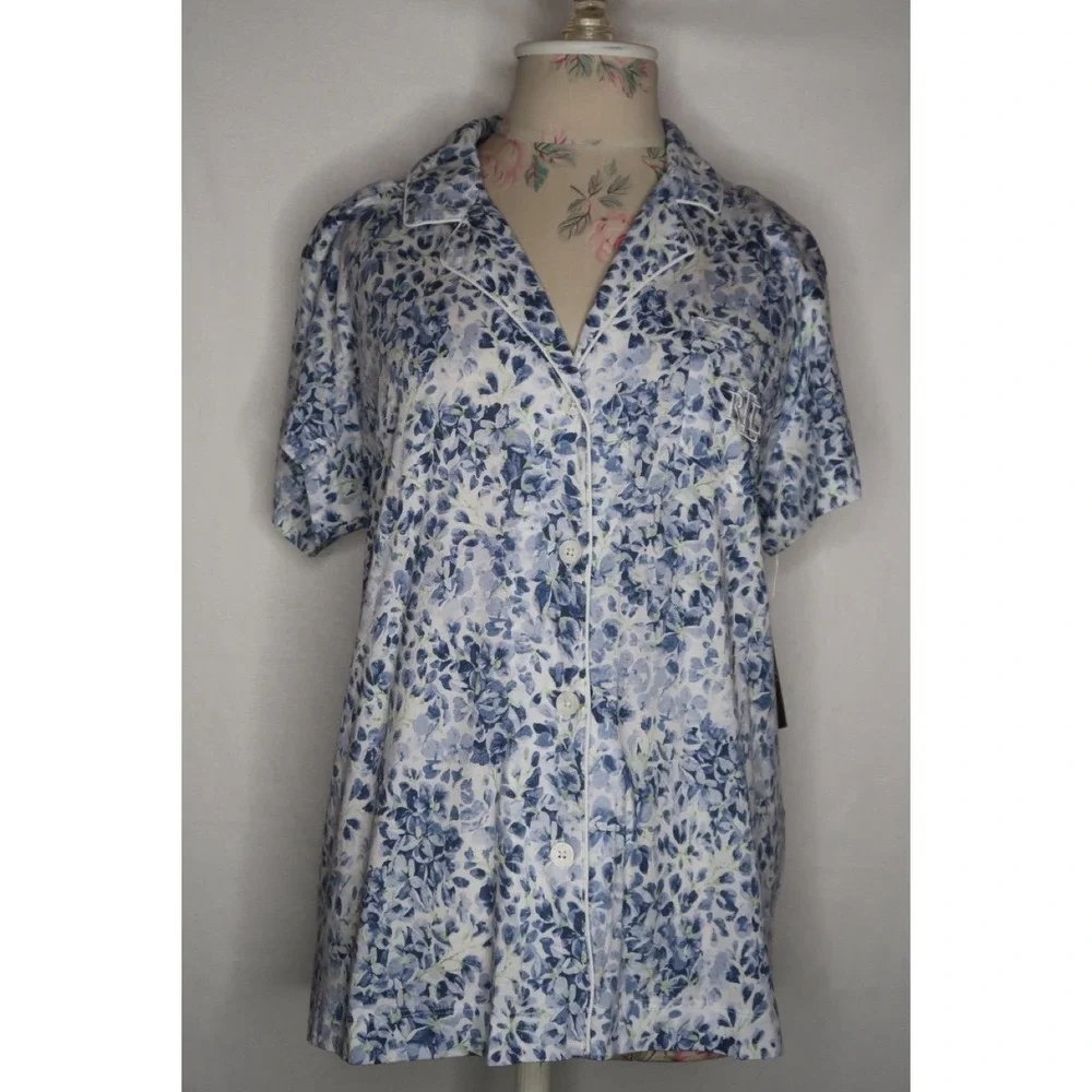 Lauren Ralph Lauren Womens L Blue Floral Button Front Pajama Top Shirt NWT